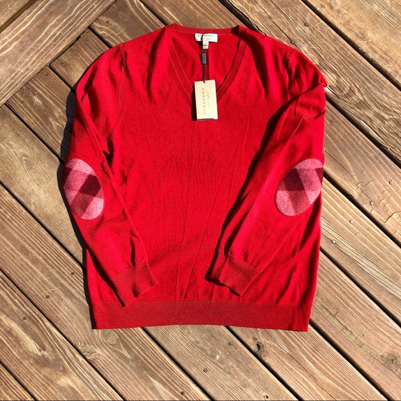 Burberry Sweaters - NWT BURBERRY 100% Wool Military Red V-Neck Sweater W/ Elbow Pads Size 2XL